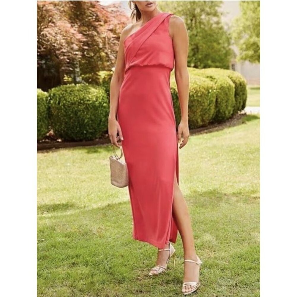 Belle Badgley Mischka Raya One Shoulder Draped Side Slit Maxi Dress Size 6